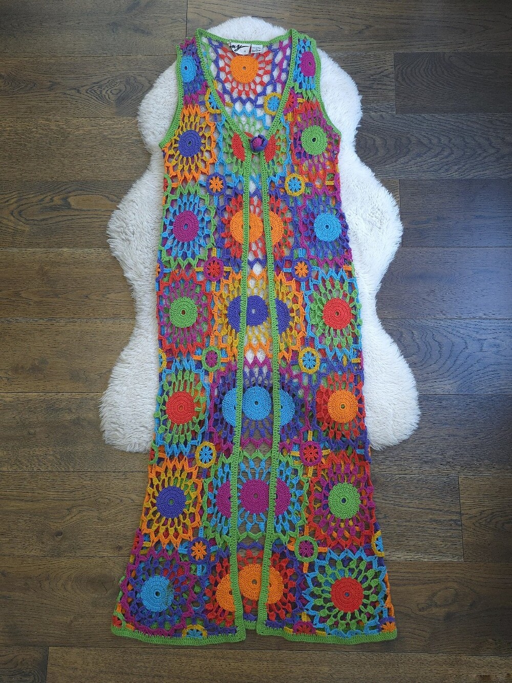 Rare Y2K Rainbow Crochet Doiley Long Duster Vest